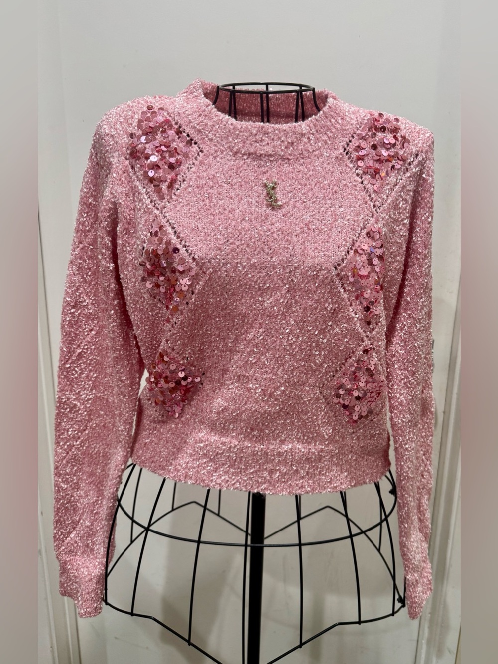 Pink Sequin Accent Crewneck Sweater